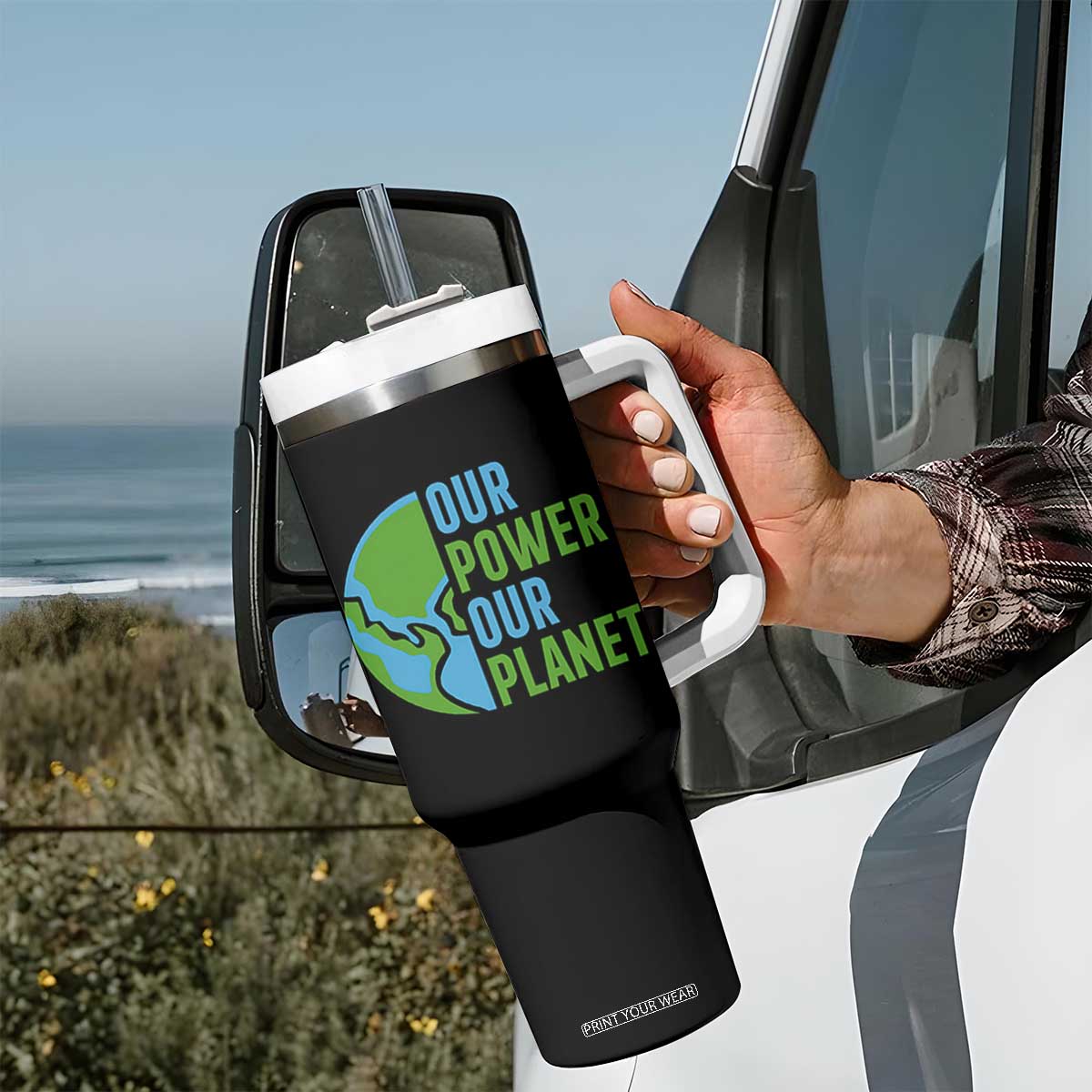 Our Power Our Planet Tumbler With Handle Earth Day Words Environmentalist Gift TS12 Print Your Wear
