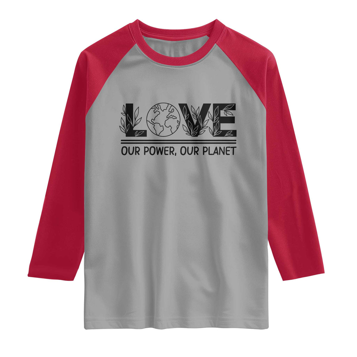 Earth Day 2026 Raglan Shirt Our Power Our Planet TS12 Sport Gray Red Print Your Wear