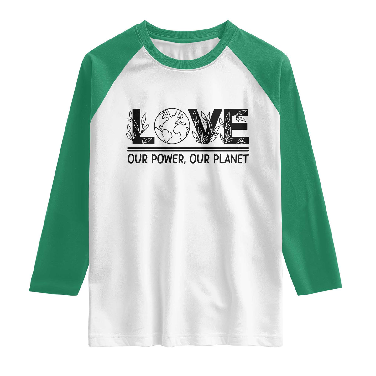 Earth Day 2026 Raglan Shirt Our Power Our Planet TS12 White Kelly Green Print Your Wear