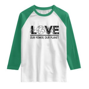 Earth Day 2026 Raglan Shirt Our Power Our Planet TS12 White Kelly Green Print Your Wear
