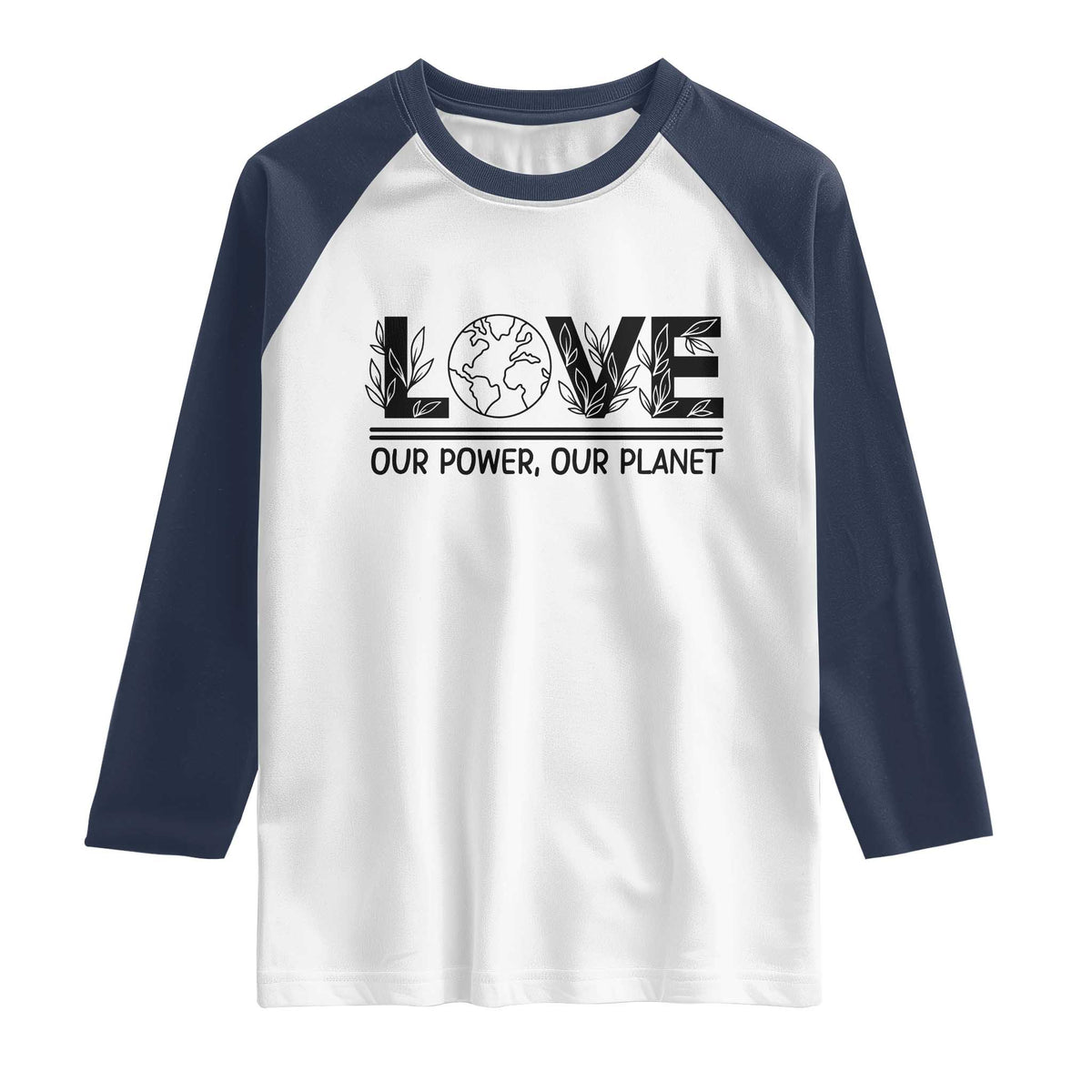 Earth Day 2026 Raglan Shirt Our Power Our Planet TS12 White Navy Print Your Wear