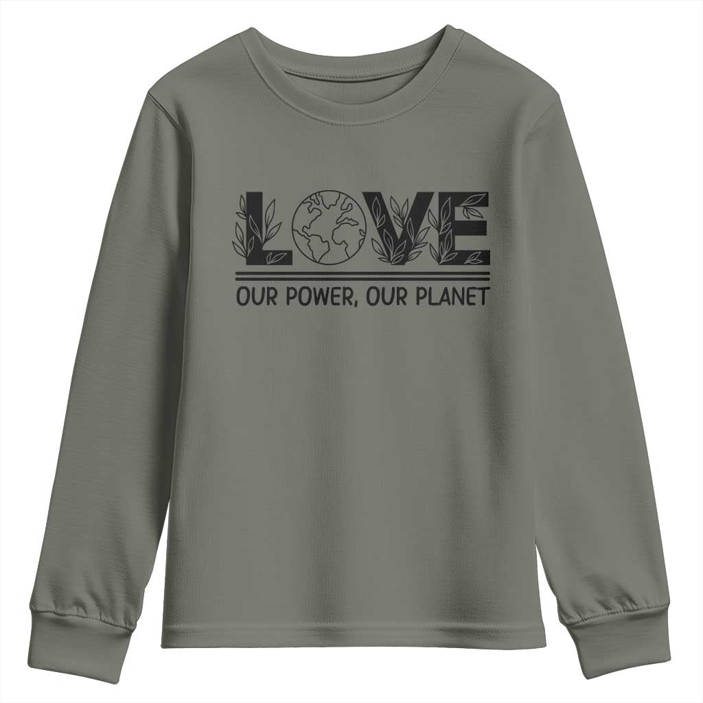 Earth Day 2026 Youth Sweatshirt Our Power Our Planet TS12 Military Green Print Your Wear