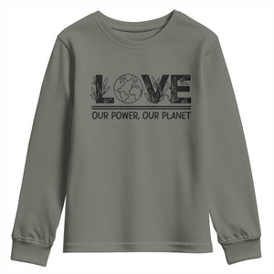 Earth Day 2026 Youth Sweatshirt Our Power Our Planet TS12 Military Green Print Your Wear