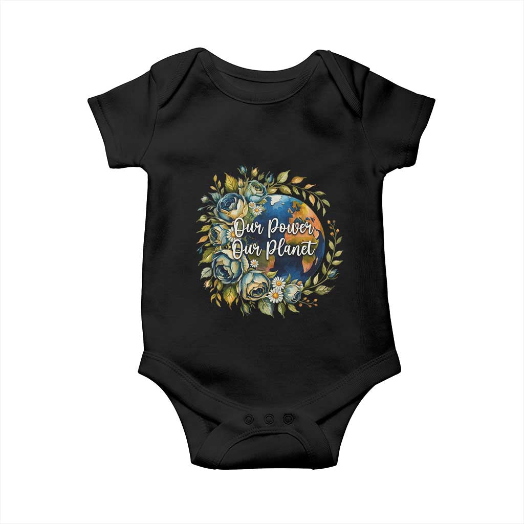 Save The Planet Earth Day Baby Onesie Our Power Our Planet TS12 Black Print Your Wear