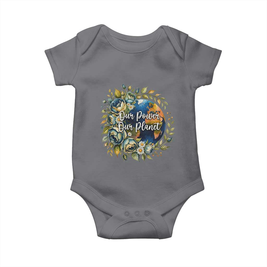 Save The Planet Earth Day Baby Onesie Our Power Our Planet TS12 Charcoal Print Your Wear
