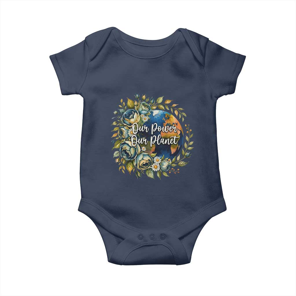 Save The Planet Earth Day Baby Onesie Our Power Our Planet TS12 Navy Print Your Wear