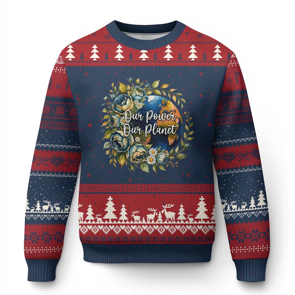 Save The Planet Earth Day Ugly Christmas Sweater Our Power Our Planet TS12 Navy Red Print Your Wear