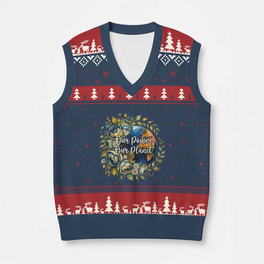 Save The Planet Earth Day V-Neck Knit Sweater Vest Our Power Our Planet TS12 Navy Red Print Your Wear