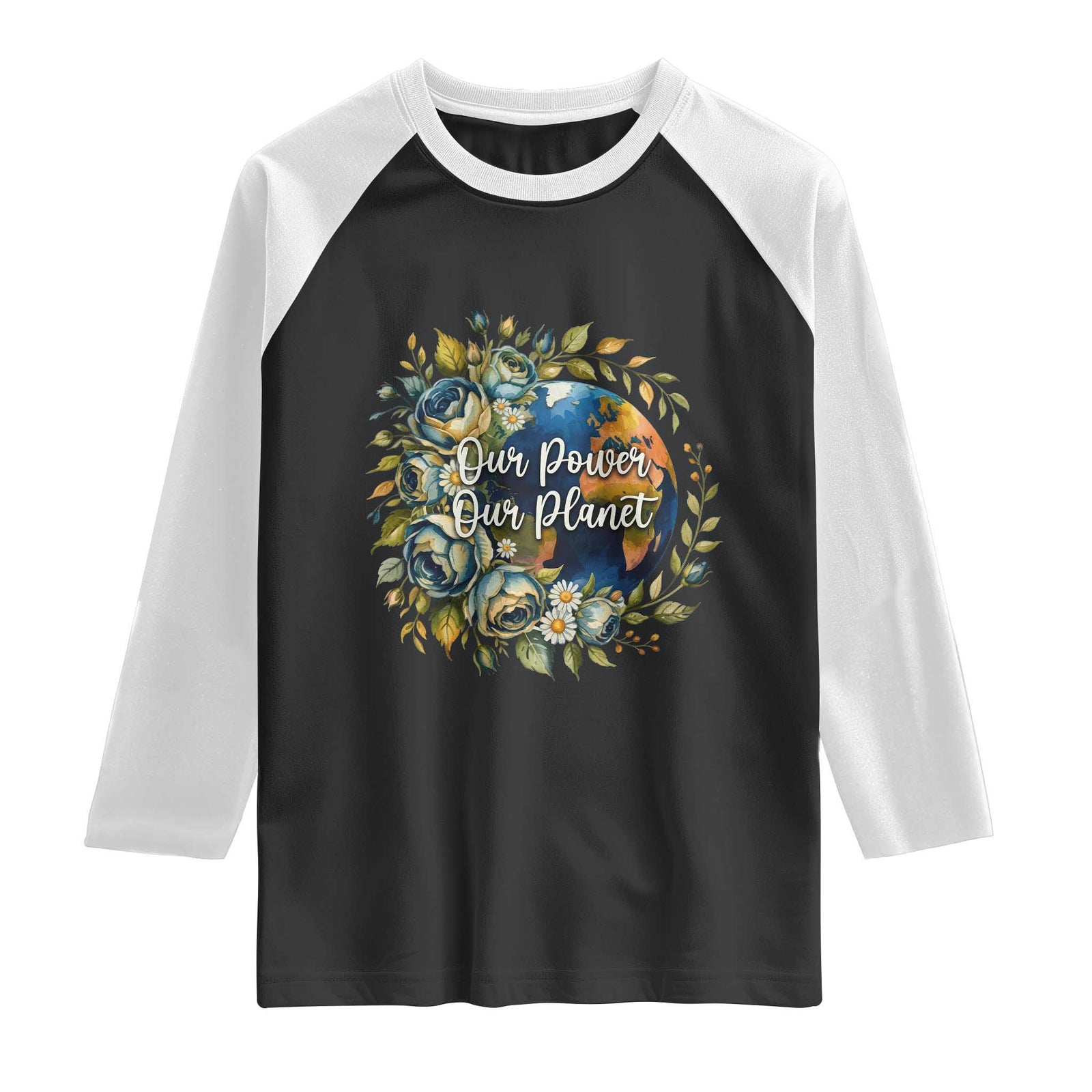Save The Planet Earth Day Raglan Shirt Our Power Our Planet TS12 Black White Print Your Wear