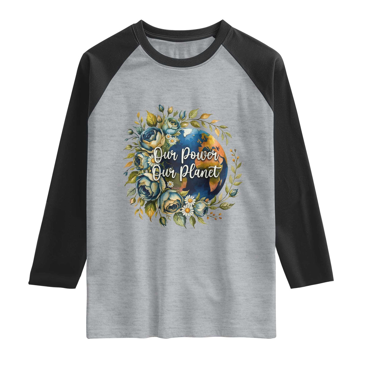 Save The Planet Earth Day Raglan Shirt Our Power Our Planet TS12 Heather Gray Black Print Your Wear