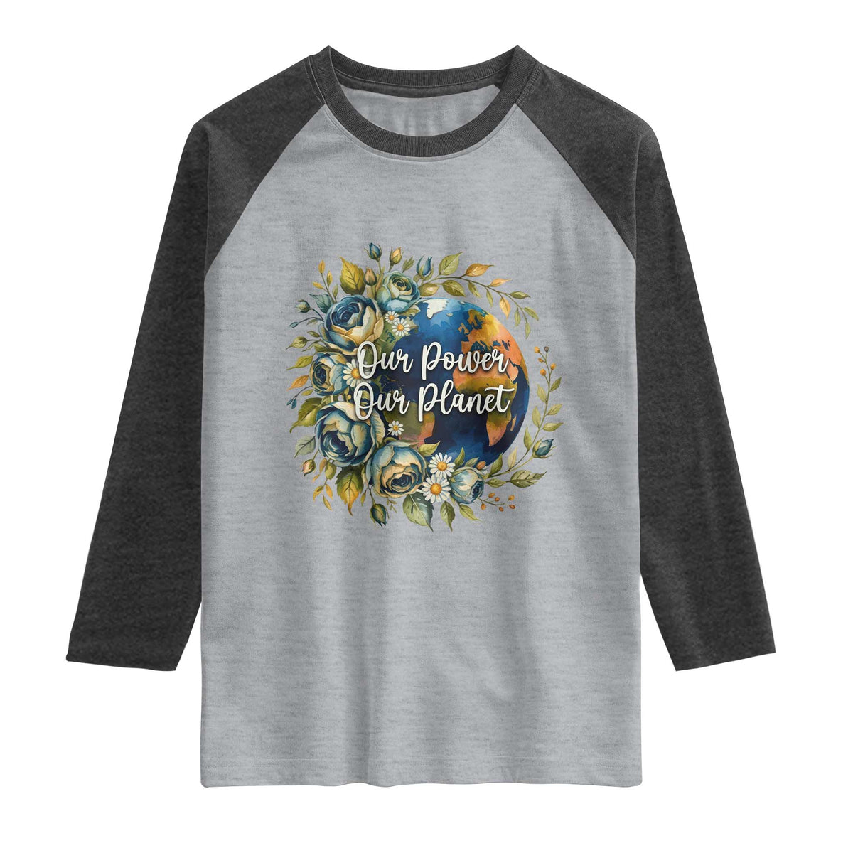 Save The Planet Earth Day Raglan Shirt Our Power Our Planet TS12 Heather Gray Heather Charcoal Print Your Wear
