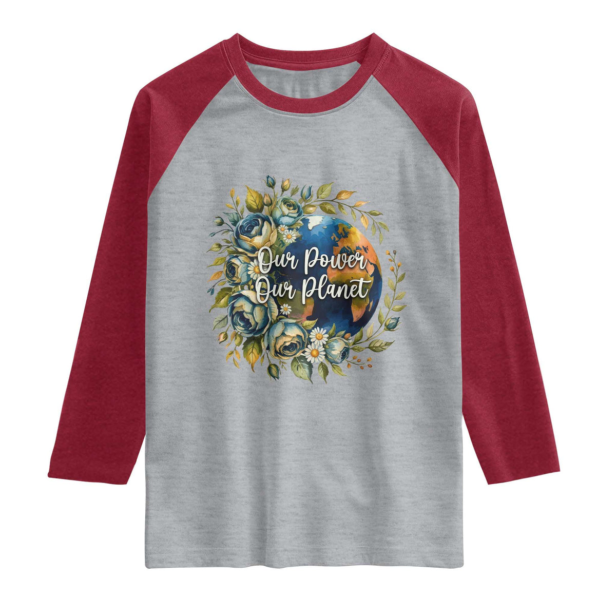 Save The Planet Earth Day Raglan Shirt Our Power Our Planet TS12 Heather Gray Heather Red Print Your Wear