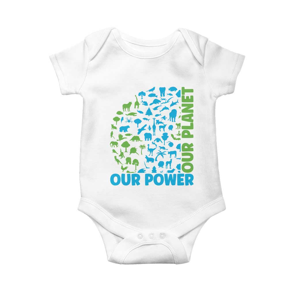 Earth Day Environmental Activism Baby Onesie Our Power Our Planet TS12 White Print Your Wear