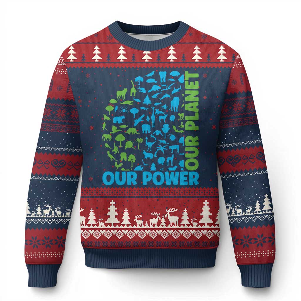 Earth Day Environmental Activism Ugly Christmas Sweater Our Power Our Planet TS12 Navy Red Print Your Wear
