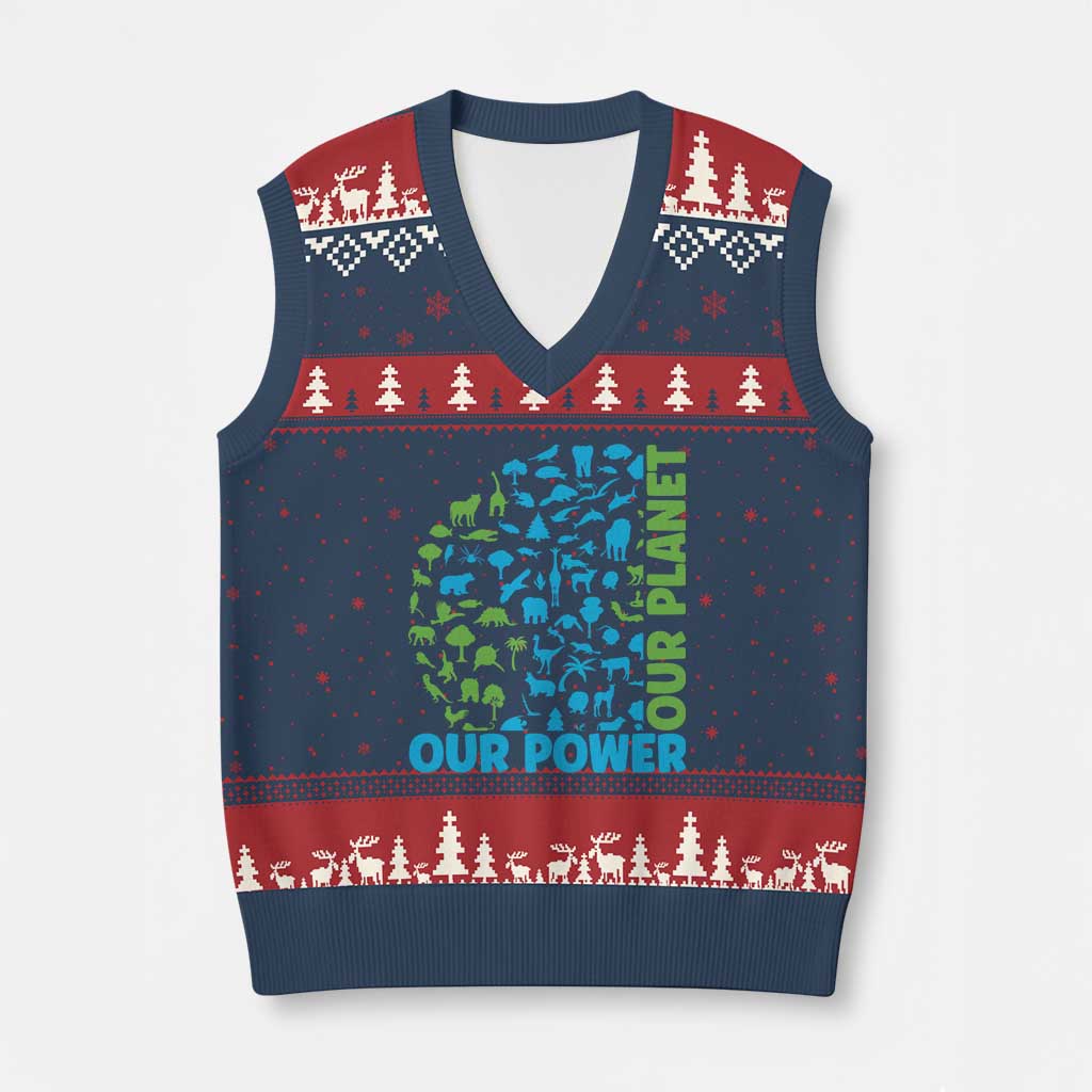 Earth Day Environmental Activism V-Neck Knit Sweater Vest Our Power Our Planet TS12 Navy Red Print Your Wear