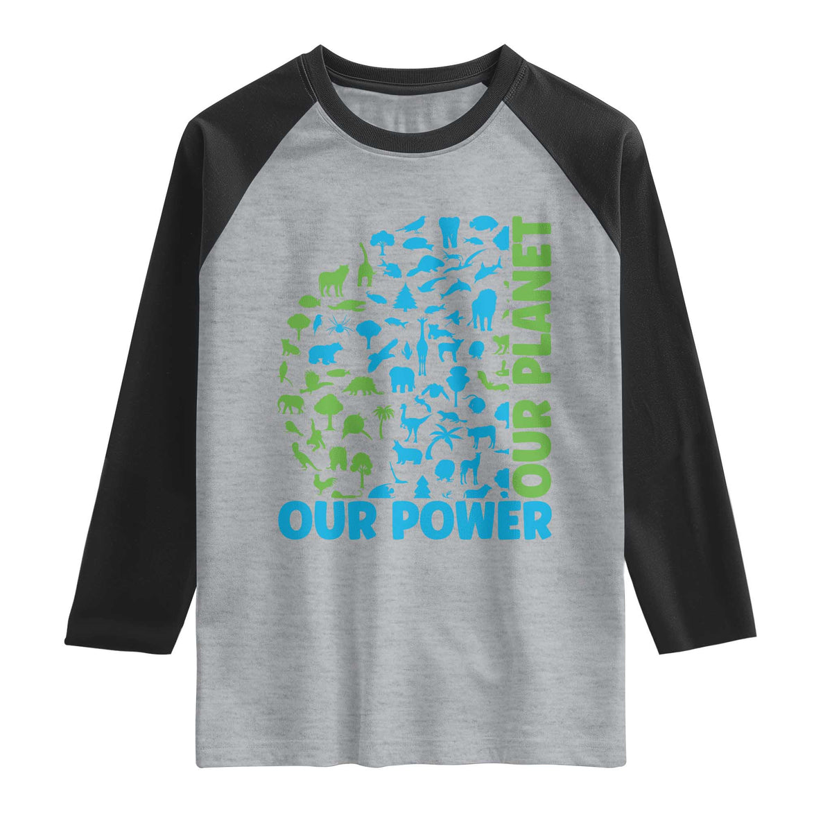 Earth Day Environmental Activism Raglan Shirt Our Power Our Planet TS12 Heather Gray Black Print Your Wear