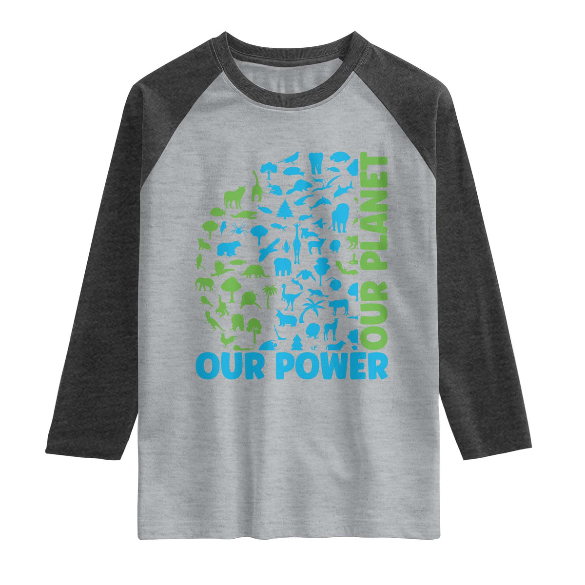 Earth Day Environmental Activism Raglan Shirt Our Power Our Planet TS12 Heather Gray Heather Charcoal Print Your Wear