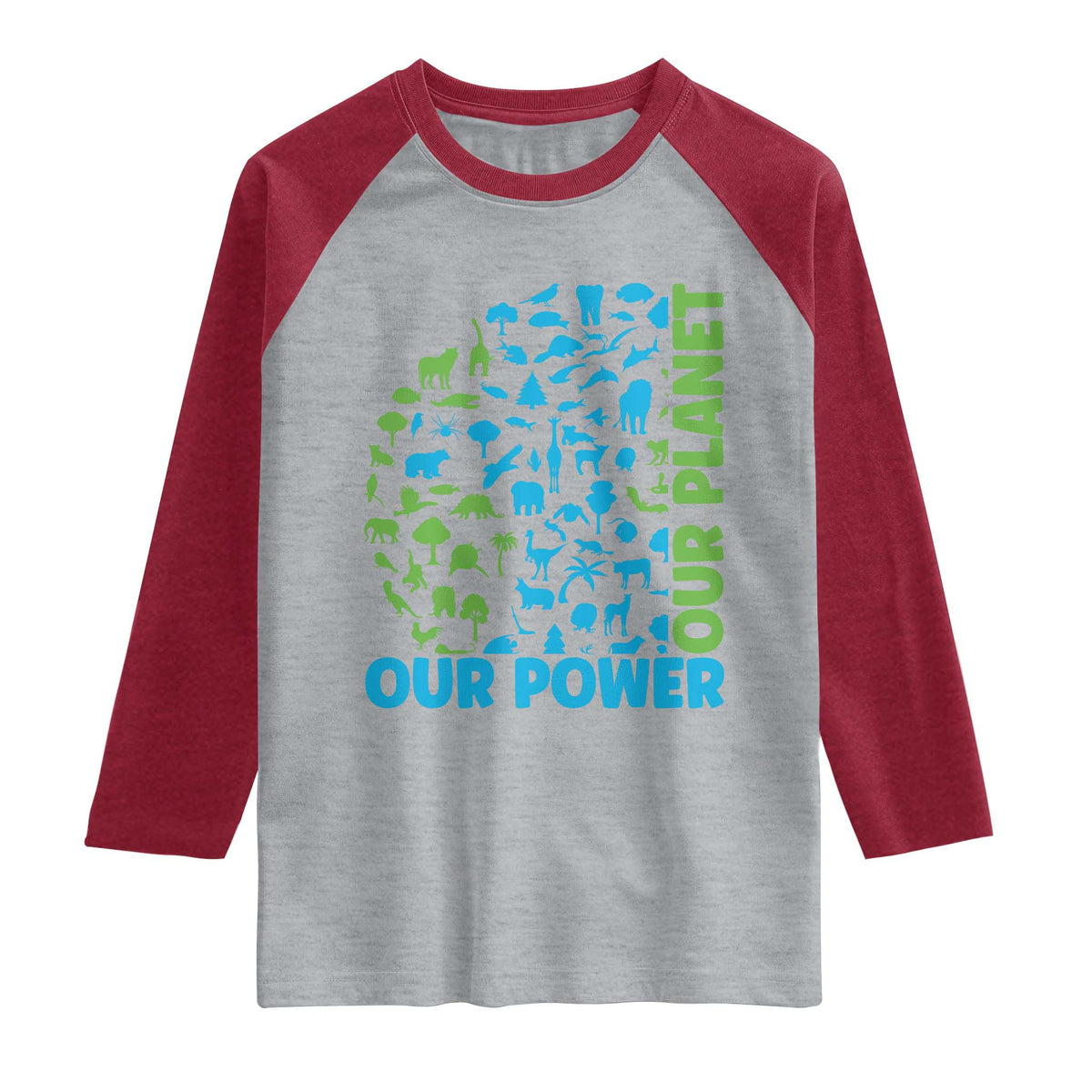 Earth Day Environmental Activism Raglan Shirt Our Power Our Planet TS12 Heather Gray Heather Red Print Your Wear