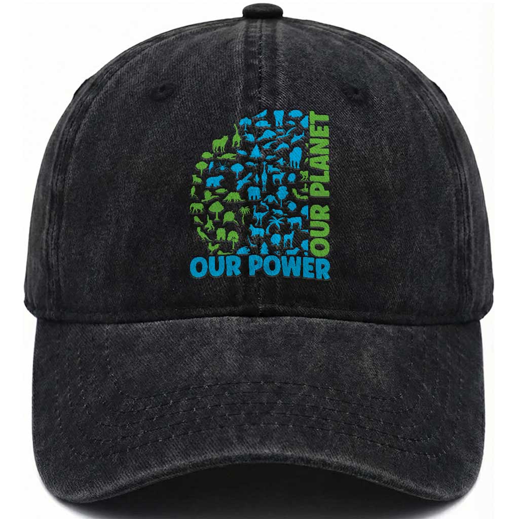 Earth Day Environmental Activism Washed Cotton Baseball Cap Our Power Our Planet TS12 Print Your Wear