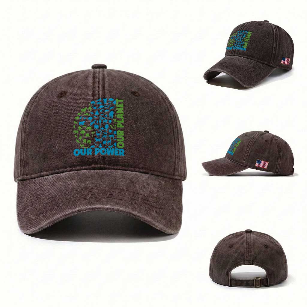 Earth Day Environmental Activism Washed Cotton Baseball Cap Our Power Our Planet TS12 Washed Cap Universal Fit Dark Brown Print Your Wear