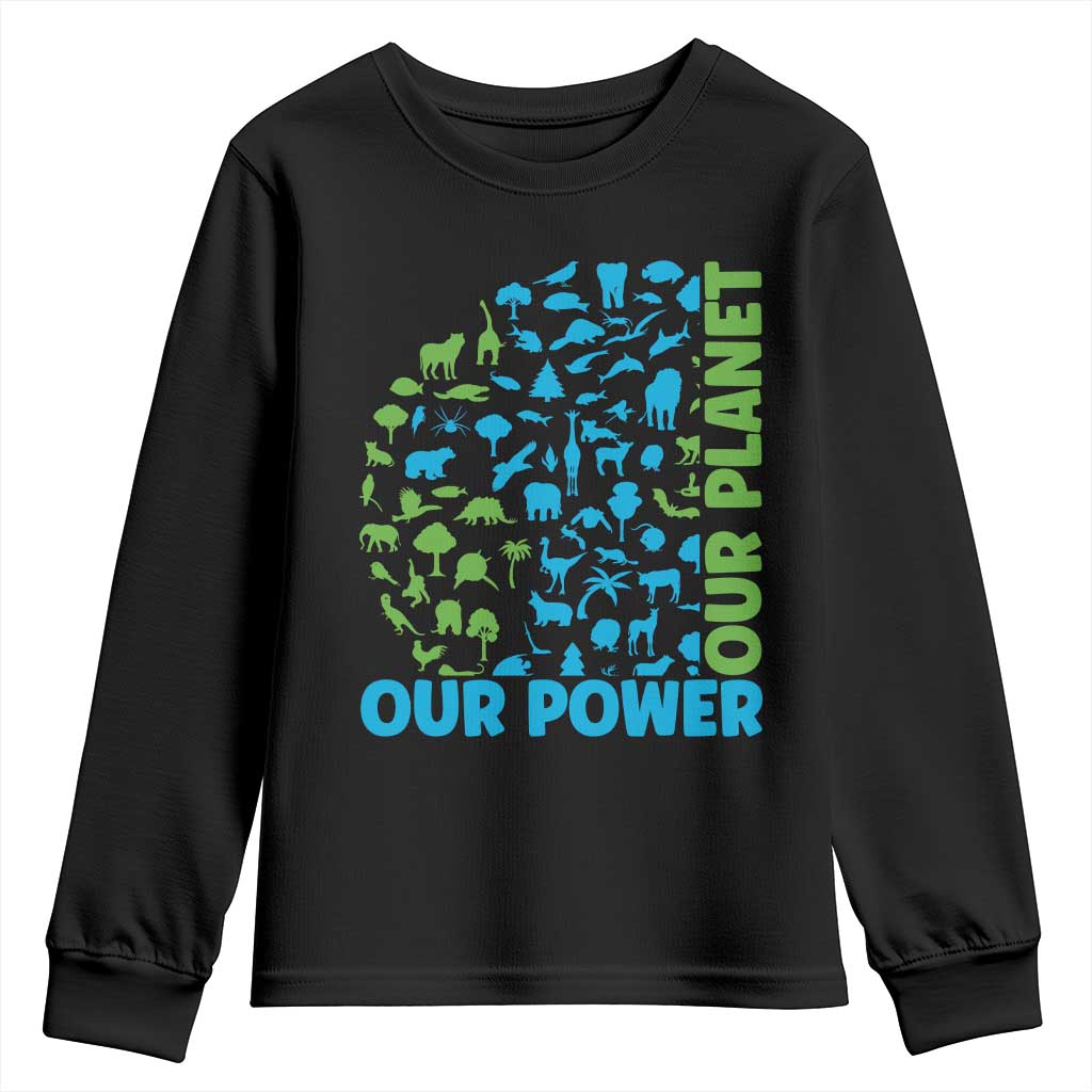 Earth Day Environmental Activism Youth Sweatshirt Our Power Our Planet TS12 Black Print Your Wear