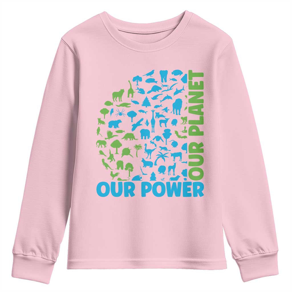 Earth Day Environmental Activism Youth Sweatshirt Our Power Our Planet TS12 Light Pink Print Your Wear