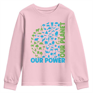 Earth Day Environmental Activism Youth Sweatshirt Our Power Our Planet TS12 Light Pink Print Your Wear