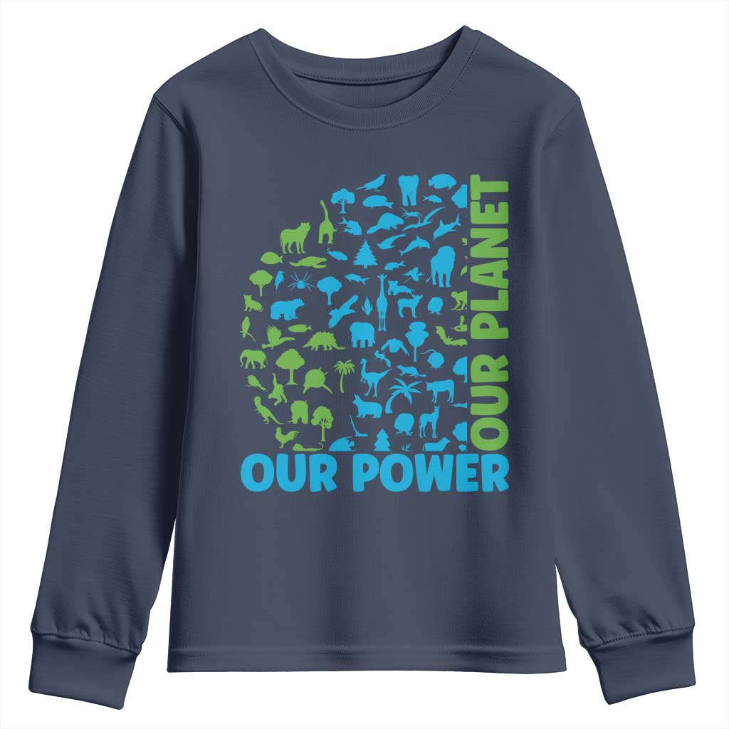 Earth Day Environmental Activism Youth Sweatshirt Our Power Our Planet TS12 Navy Print Your Wear