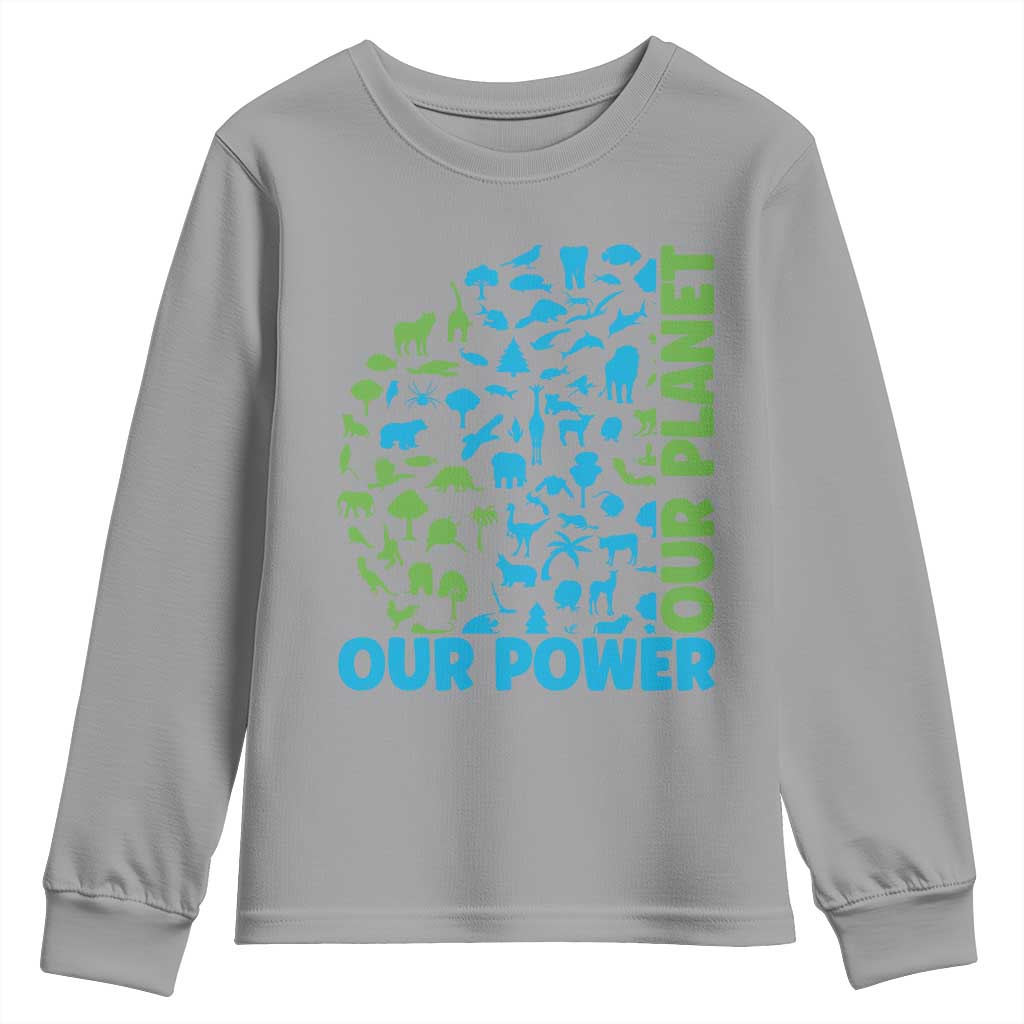 Earth Day Environmental Activism Youth Sweatshirt Our Power Our Planet TS12 Sport Gray Print Your Wear