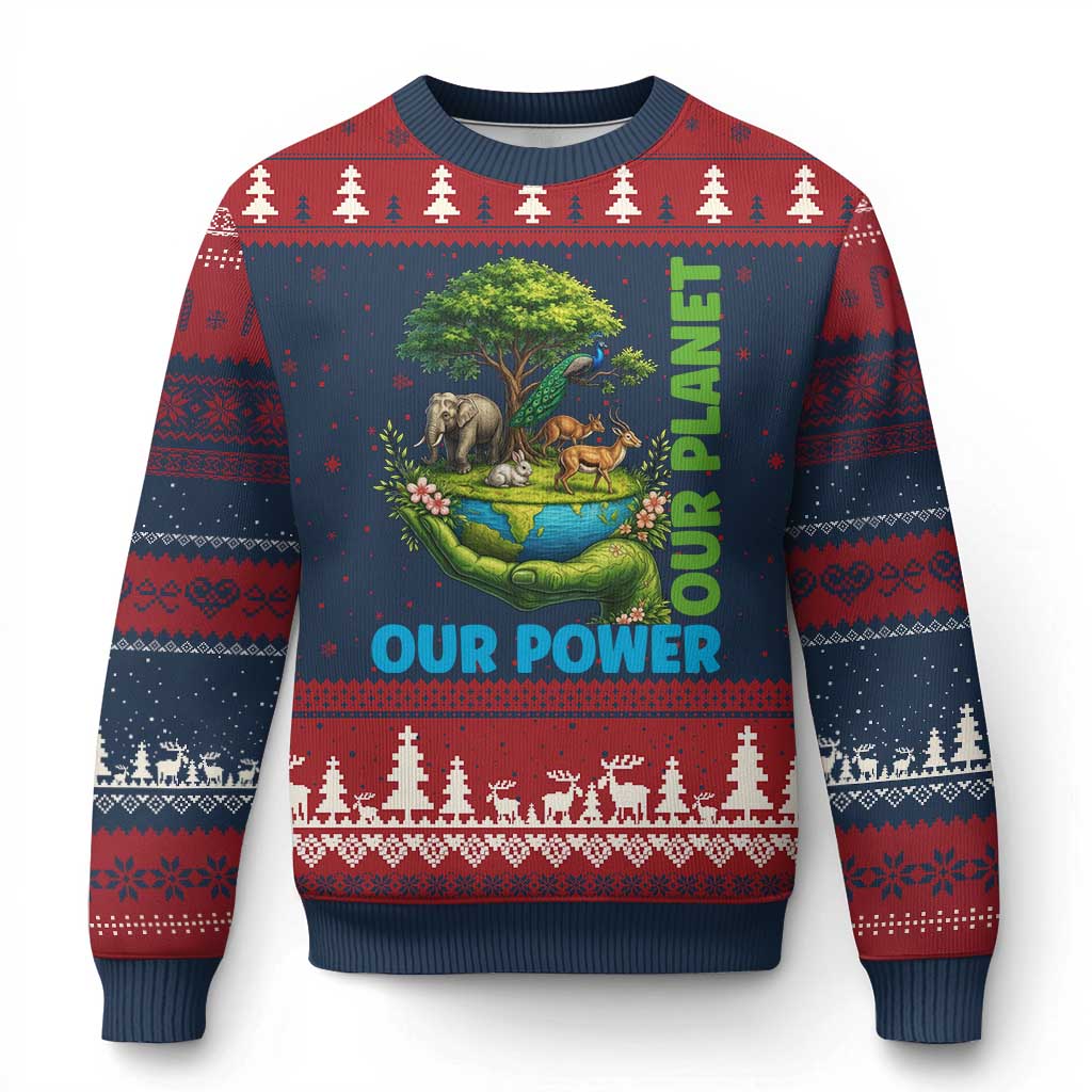 Our Power Our Planet Ugly Christmas Sweater Earth Day Nature Lover Gift TS12 Navy Red Print Your Wear