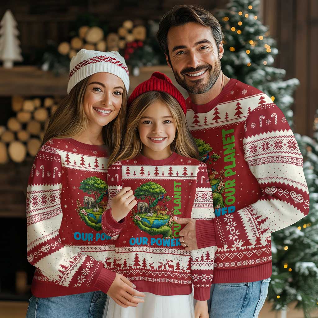 Our Power Our Planet Ugly Christmas Sweater Earth Day Nature Lover Gift TS12 Red Beige Print Your Wear