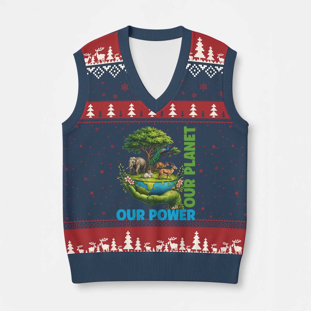 Our Power Our Planet V-Neck Knit Sweater Vest Earth Day Nature Lover Gift TS12 Navy Red Print Your Wear