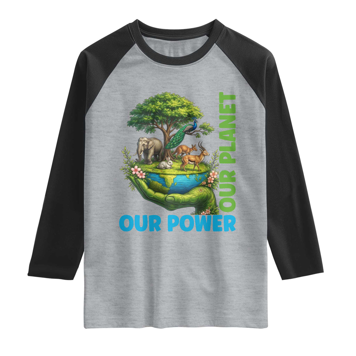 Our Power Our Planet Raglan Shirt Earth Day Nature Lover Gift TS12 Heather Gray Black Print Your Wear