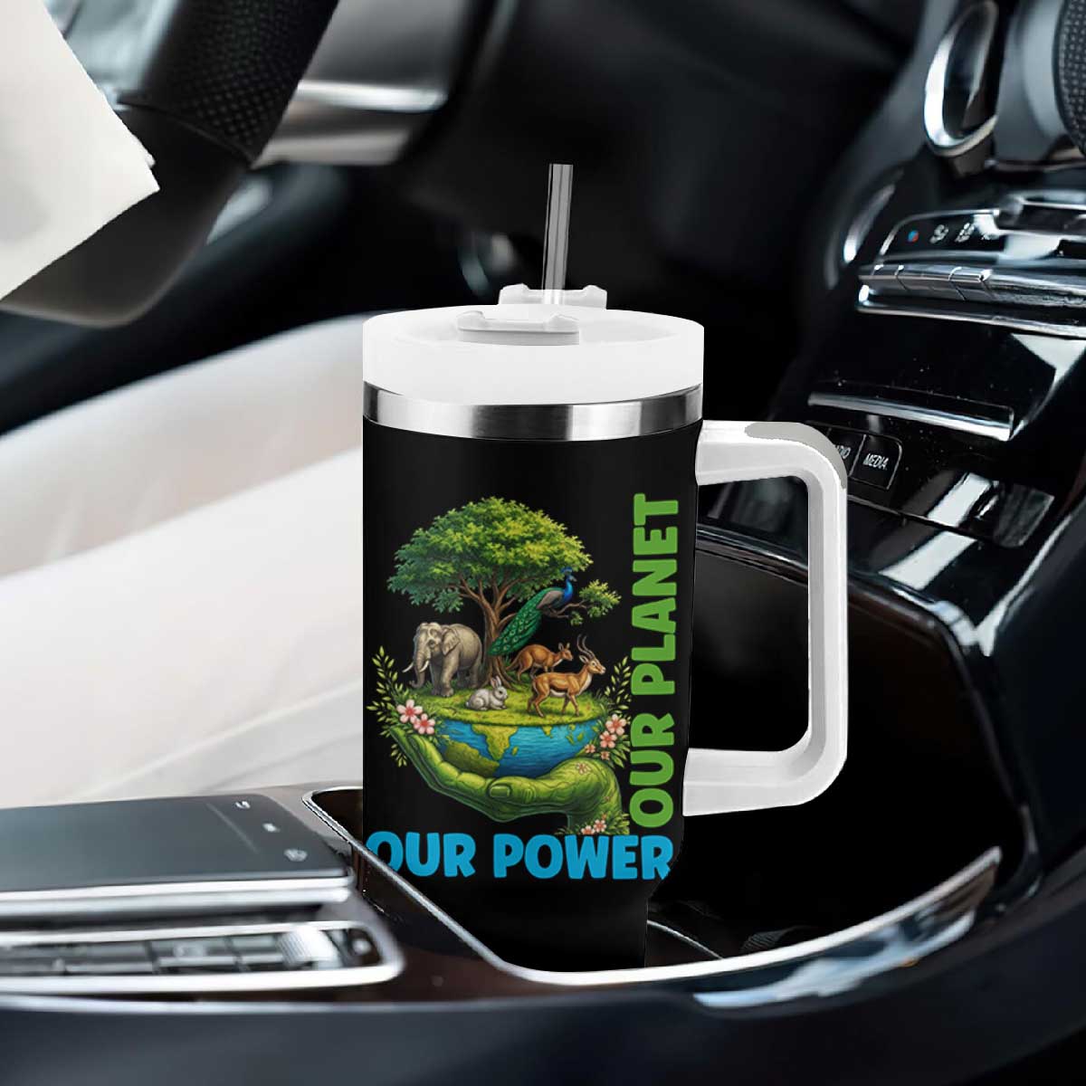 Our Power Our Planet Tumbler With Handle Earth Day Nature Lover Gift TS12 Print Your Wear