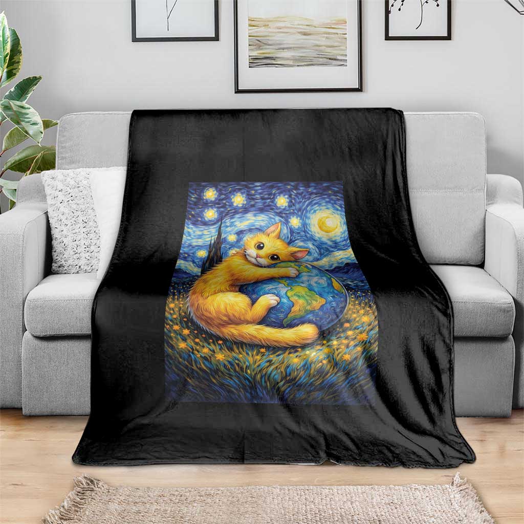 Earth Day Throw Blanket Starry Night Cat Hugging Earth TS12 Print Your Wear