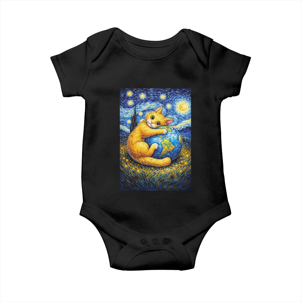 Earth Day Baby Onesie Starry Night Cat Hugging Earth TS12 Black Print Your Wear