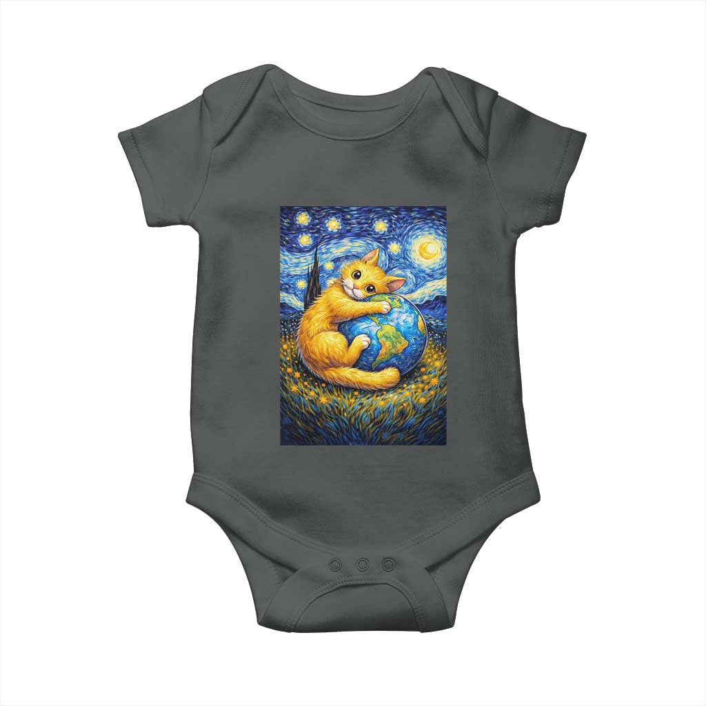 Earth Day Baby Onesie Starry Night Cat Hugging Earth TS12 Dark Heather Print Your Wear