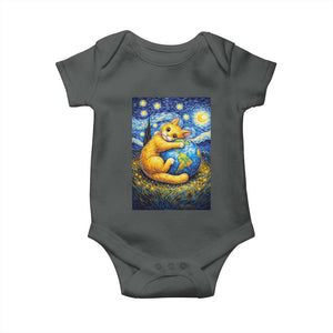Earth Day Baby Onesie Starry Night Cat Hugging Earth TS12 Dark Heather Print Your Wear