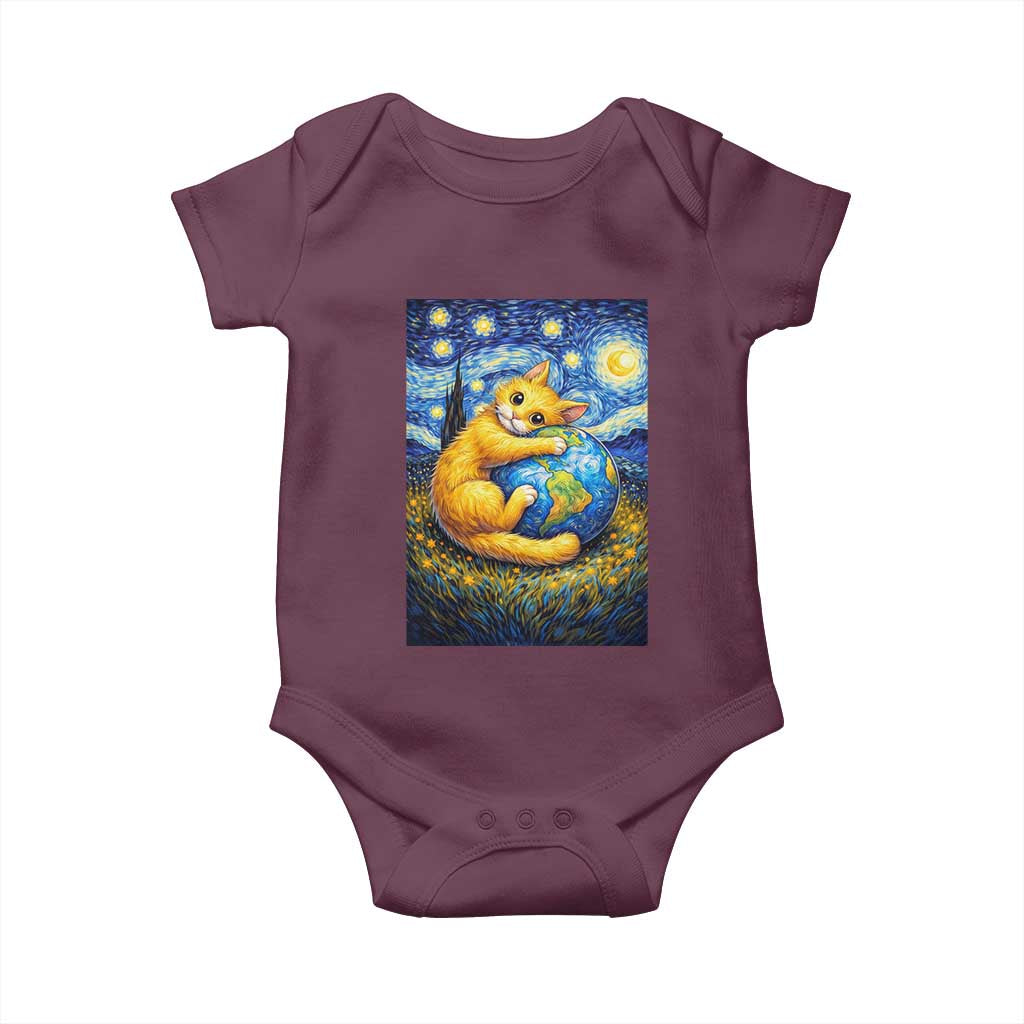 Earth Day Baby Onesie Starry Night Cat Hugging Earth TS12 Maroon Print Your Wear