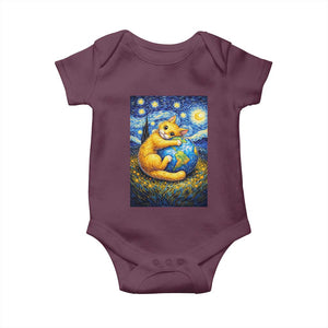Earth Day Baby Onesie Starry Night Cat Hugging Earth TS12 Maroon Print Your Wear
