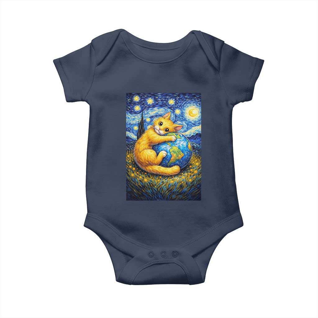 Earth Day Baby Onesie Starry Night Cat Hugging Earth TS12 Navy Print Your Wear
