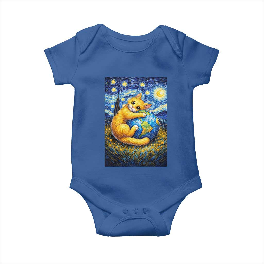 Earth Day Baby Onesie Starry Night Cat Hugging Earth TS12 Royal Blue Print Your Wear