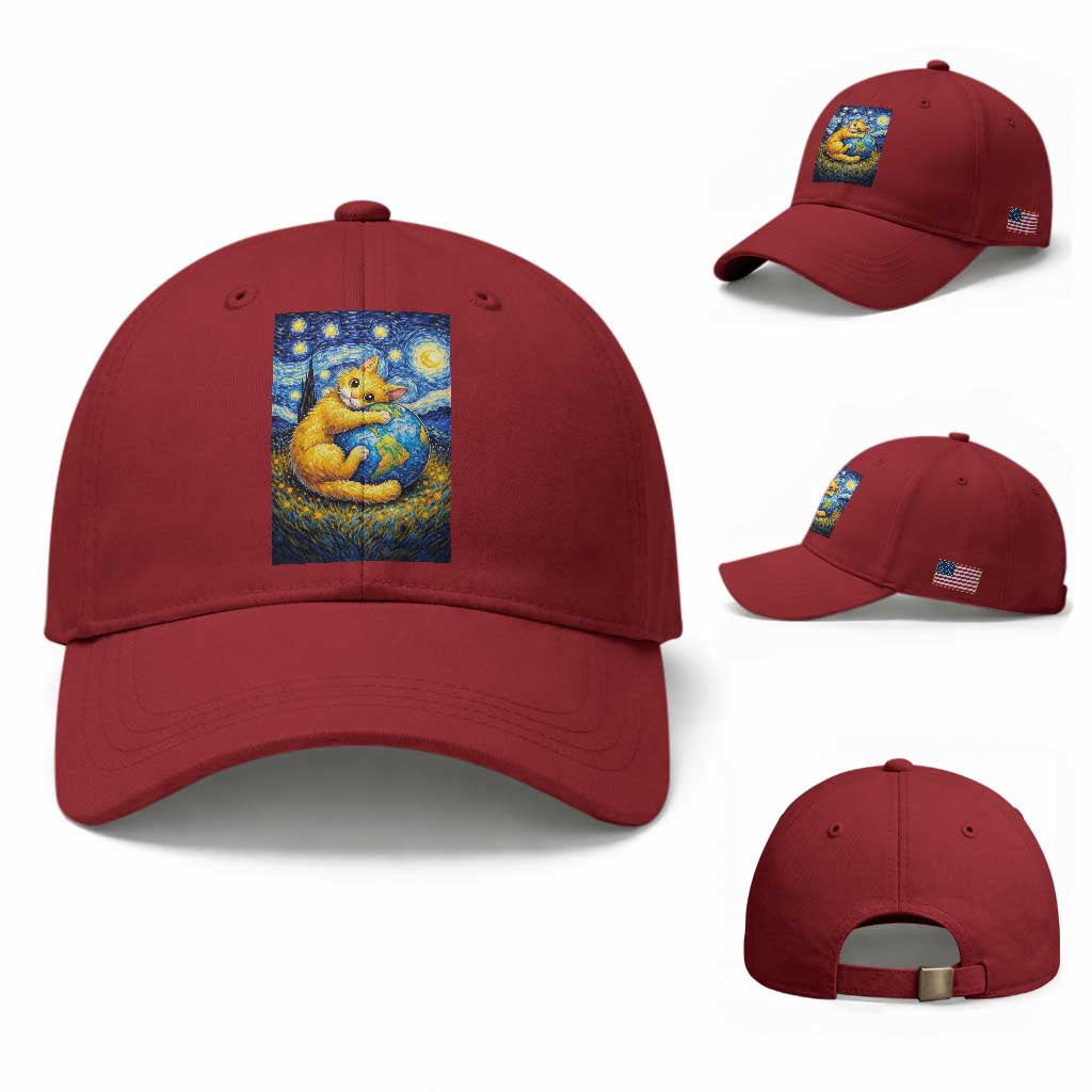 Earth Day Baseball Cap Starry Night Cat Hugging Earth TS12 Baseball Cap Universal Fit Cherry Red Print Your Wear