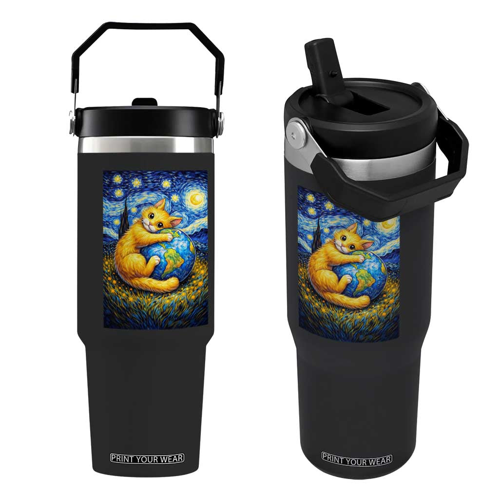 Earth Day Flip Straw Tumbler Starry Night Cat Hugging Earth TS12 One Size: 30 oz Black Print Your Wear