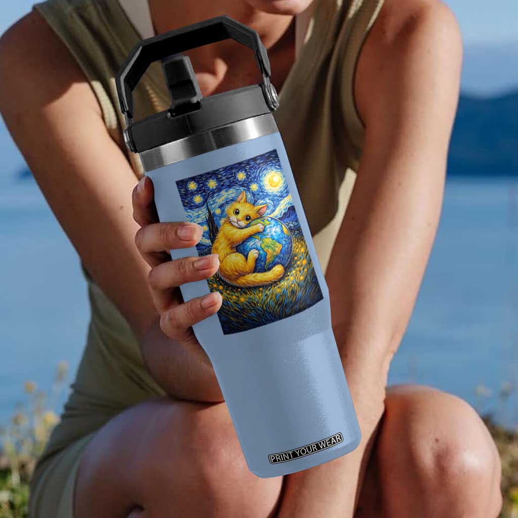 Earth Day Flip Straw Tumbler Starry Night Cat Hugging Earth TS12 One Size: 30 oz Light Blue Print Your Wear