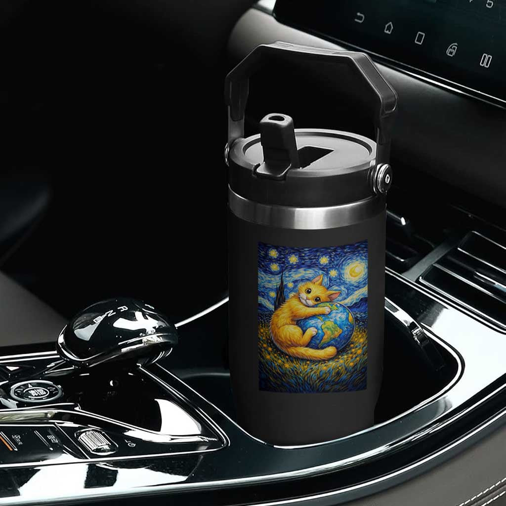 Earth Day Flip Straw Tumbler Starry Night Cat Hugging Earth TS12 Print Your Wear