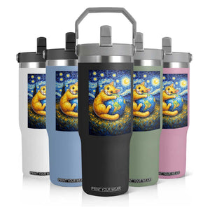Earth Day Flip Straw Tumbler Starry Night Cat Hugging Earth TS12 Print Your Wear