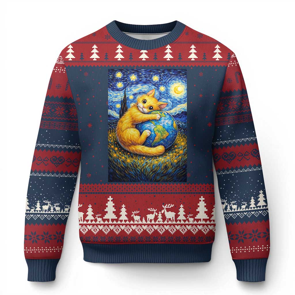 Earth Day Ugly Christmas Sweater Starry Night Cat Hugging Earth TS12 Navy Red Print Your Wear