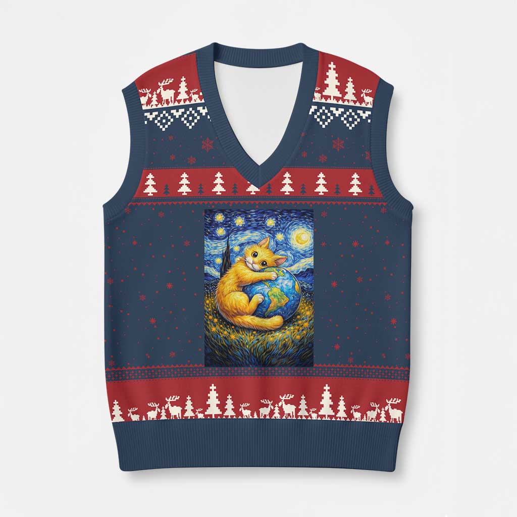 Earth Day V-Neck Knit Sweater Vest Starry Night Cat Hugging Earth TS12 Navy Red Print Your Wear