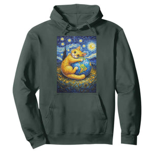 Earth Day Hoodie Starry Night Cat Hugging Earth TS12 Dark Forest Green Print Your Wear